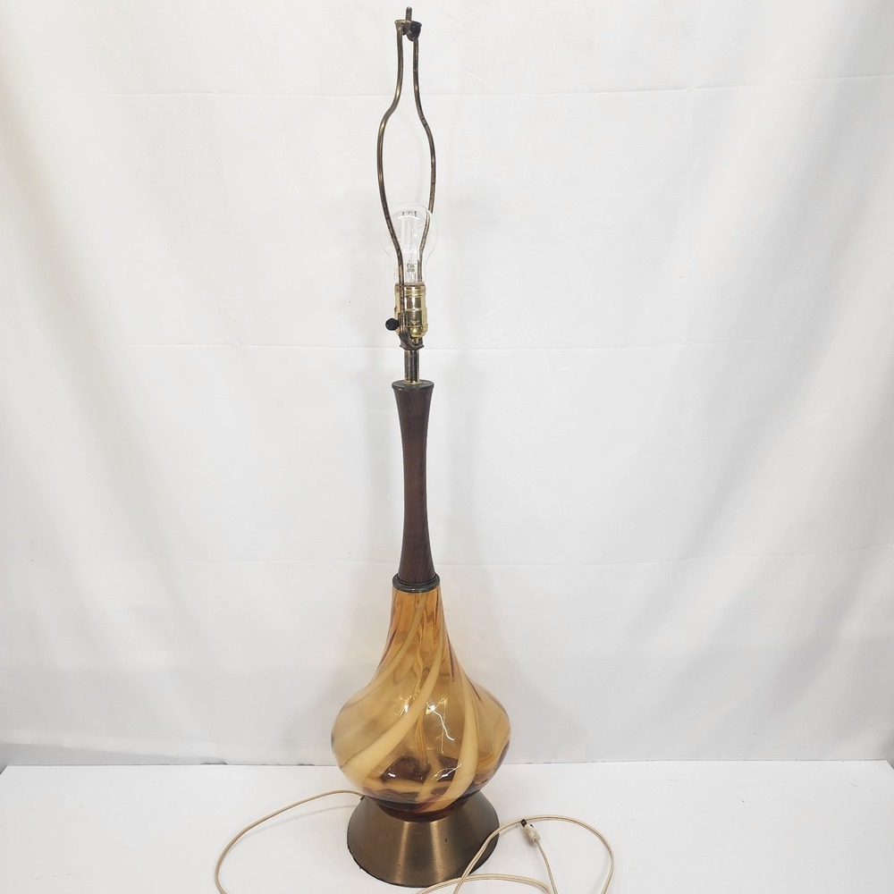 Vintage MCM Amber Cream Swirl Blown Glass Table Lamp Brass Wood 35"